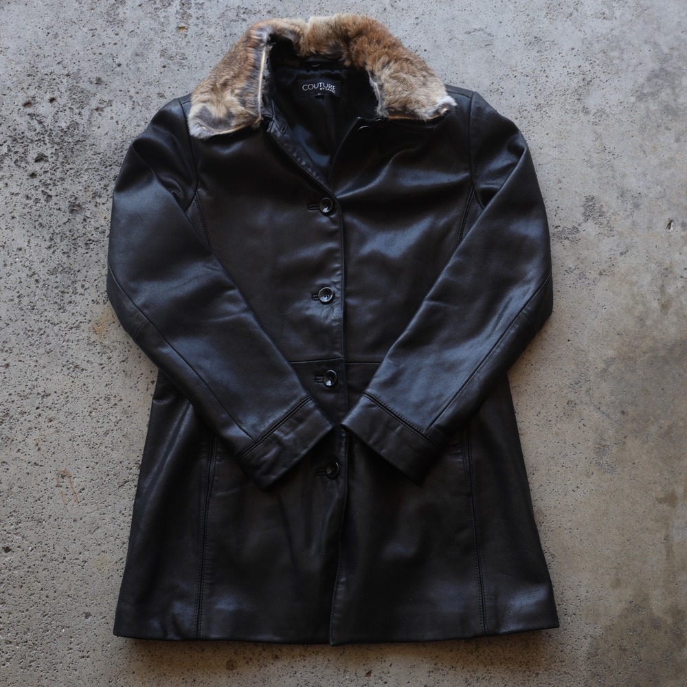 Couture by J Park Lamb Leather Car Coat Womens M Black Rabbit Fur Collar